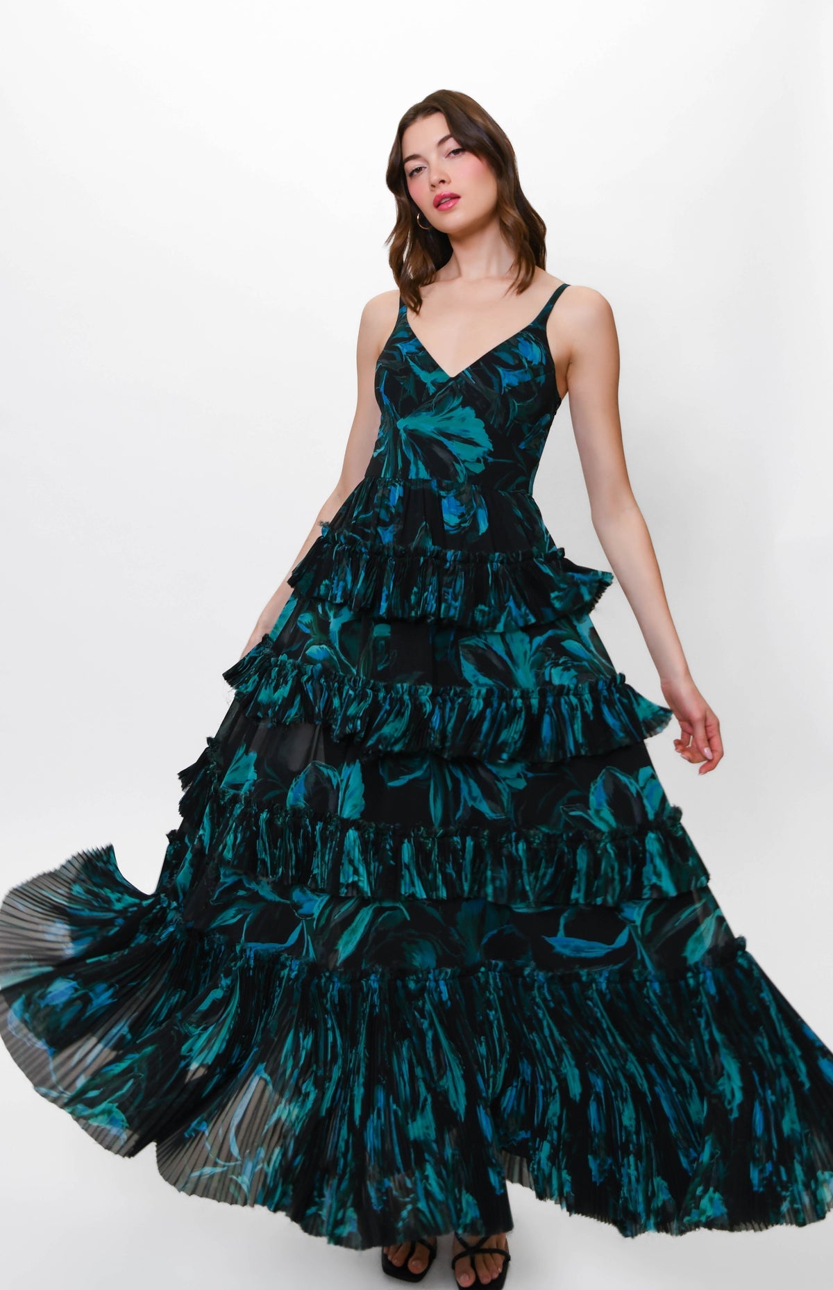 Freya Dress in Contrast Brushstroke Floral in Dark Blue