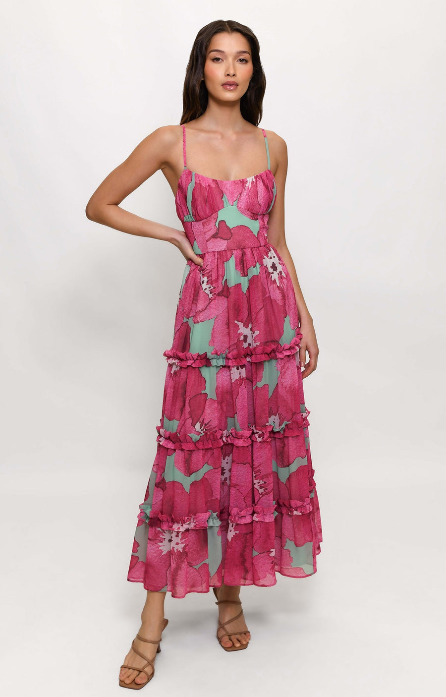 Caletta Sleeveless Multi Tiered Maxi Dress in Fuchsia