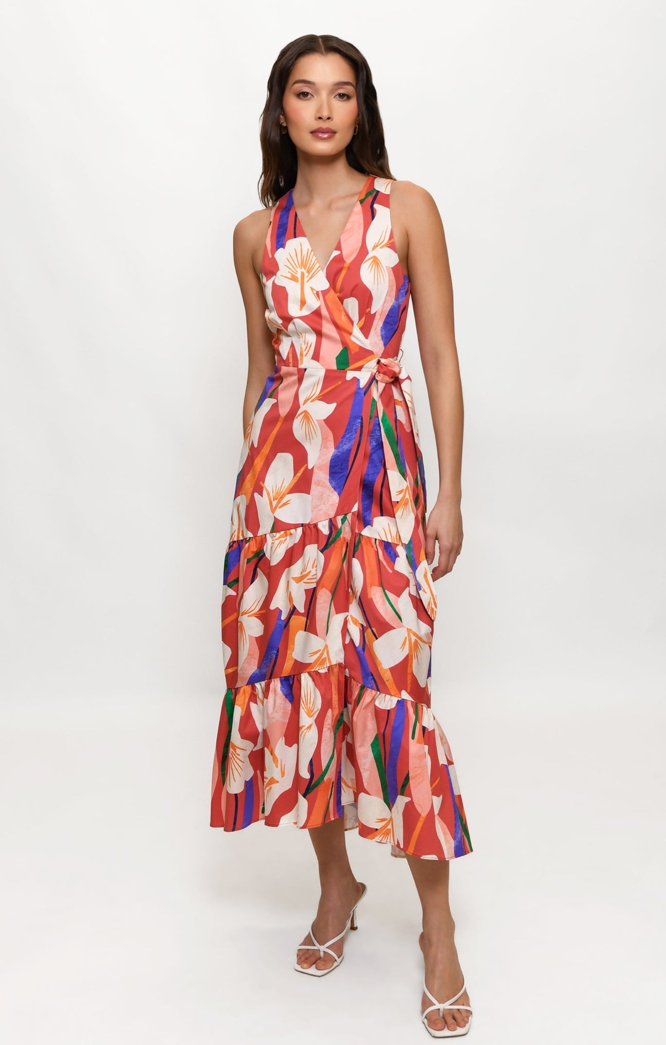 Stace Midi Wrap Dress in Brick Textured Orchids