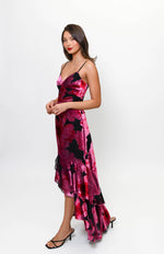 Load image into Gallery viewer, Royce Fitted Bodice Tiered High Low Dress in Black Pink Romantic Painted Floral
