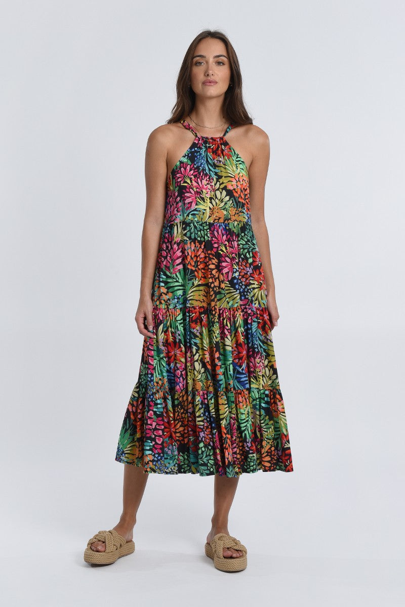 Long Floral Tiered Dress in Black Mareva – Mint Julep