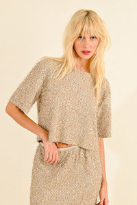 Sequin and Eyelash Top in Light Beige