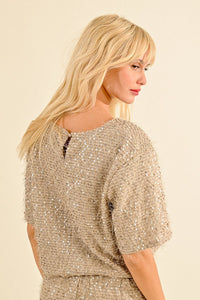 Sequin and Eyelash Top in Light Beige