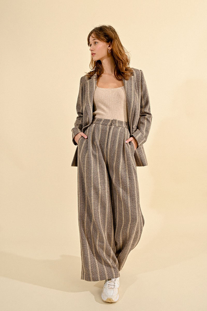 Herringbone Wide Leg Pants in Beige