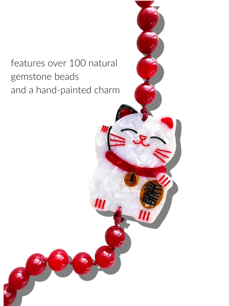 Hand-painted Lucky Cat Gemstone Crossbody Phone Chain in Red