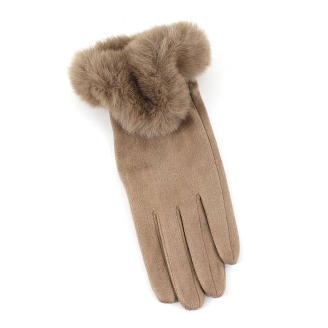 Faux Fur Trim Gloves in Taupe