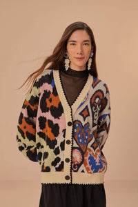 Mixed Ikat Hearts Knit Cardigan in Multi