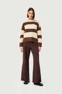 Striped Fluffy Knit Sweater in Brown/Off-White