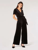 Load image into Gallery viewer, Flutter Sleeve Velvet Jumpsuit in Black
