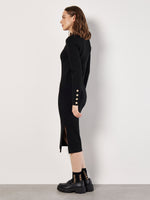 Load image into Gallery viewer, Gold Button Sleeve Ribbed Midi Dress in Black
