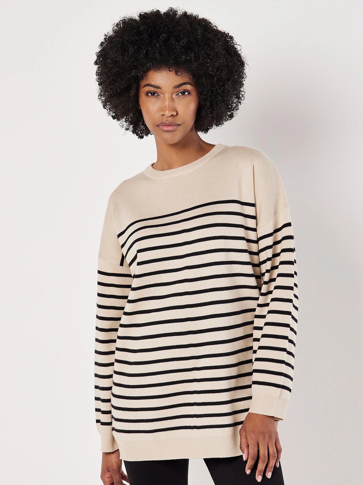 Striped Knit Tunic Sweater in Stone/Black