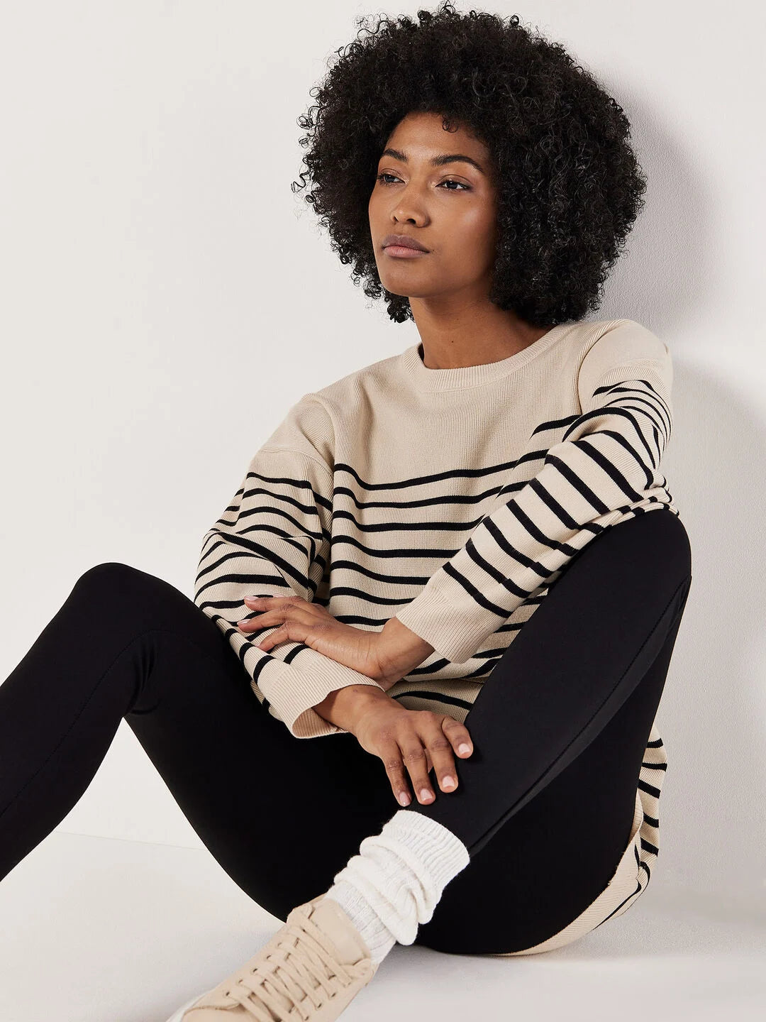 Striped Knit Tunic Sweater in Stone/Black