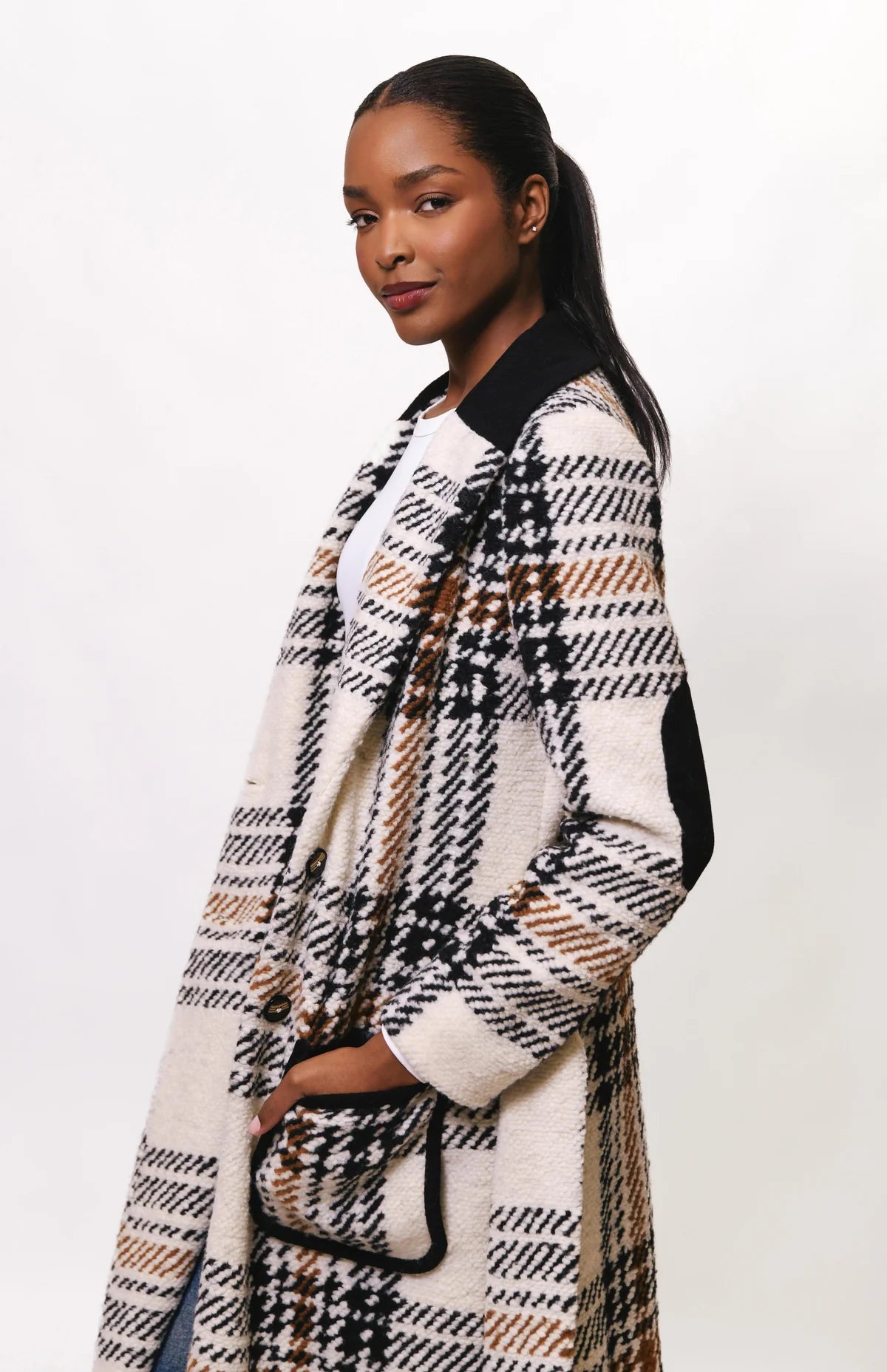 Kels Rib Trim Patch Pocket Midi Wrap Coat in Blk/Wht Plaid