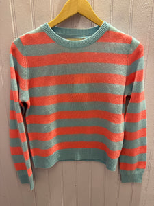 Stripe Crew Sweater in Aqua/Neon Coral