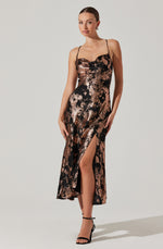 Load image into Gallery viewer, Gaia Metallic Midi Dress in Black Rose Gold
