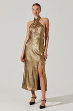 Load image into Gallery viewer, Marissa Halter Neck Midi Dress in Gold
