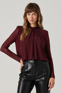 Balsa Mock Neck Rhinestone Top in Wine