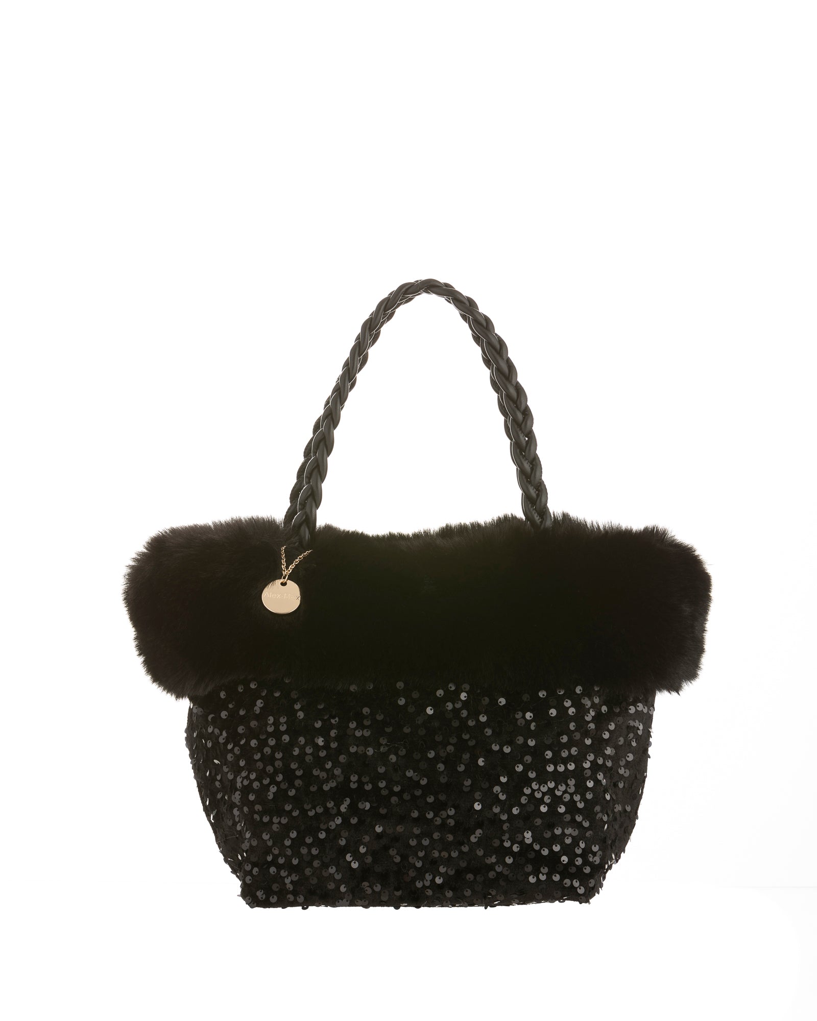 Sequin Purse with Faux Fur Trim in Black