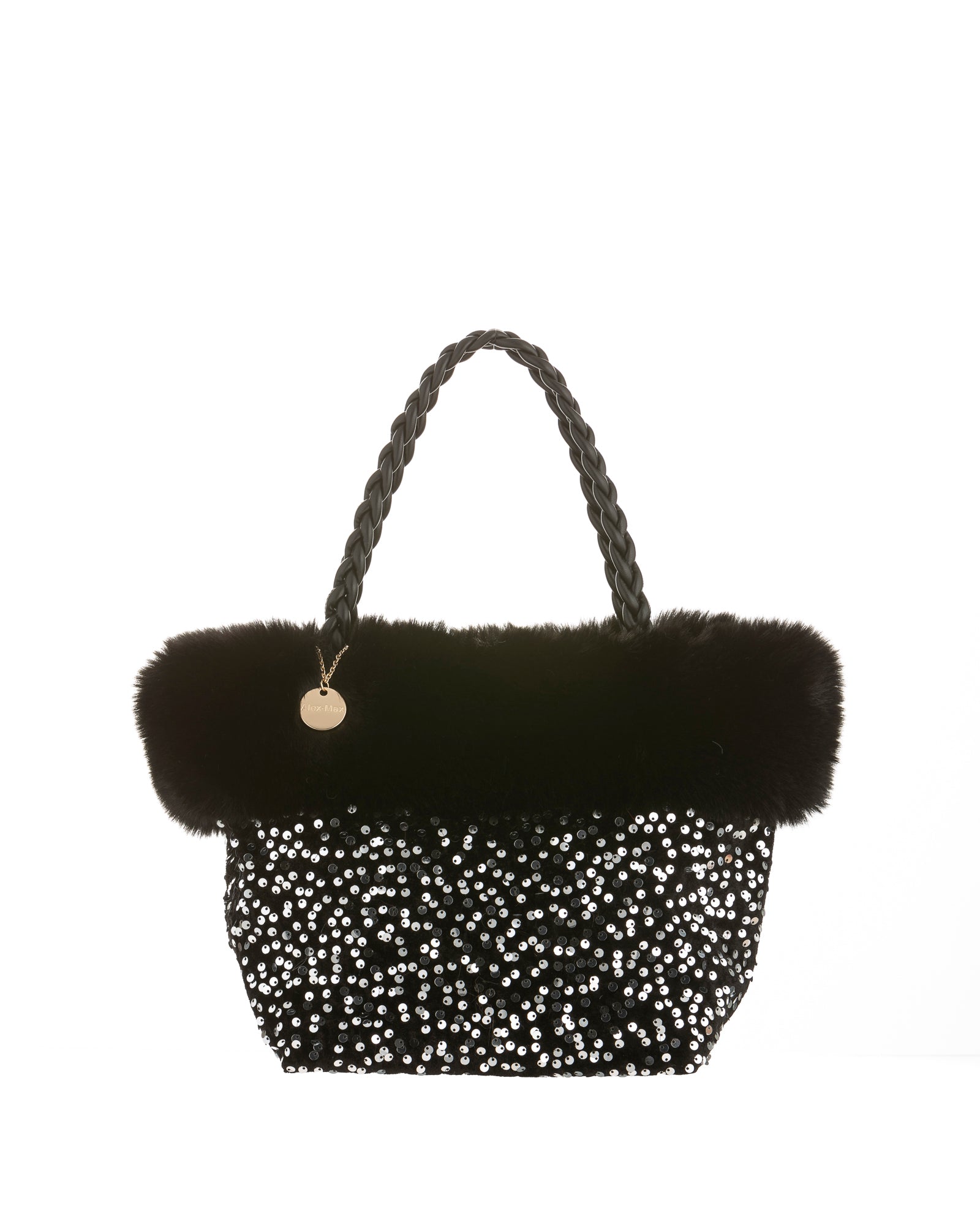 Sequin Purse with Faux Fur Trim in Black/Silver