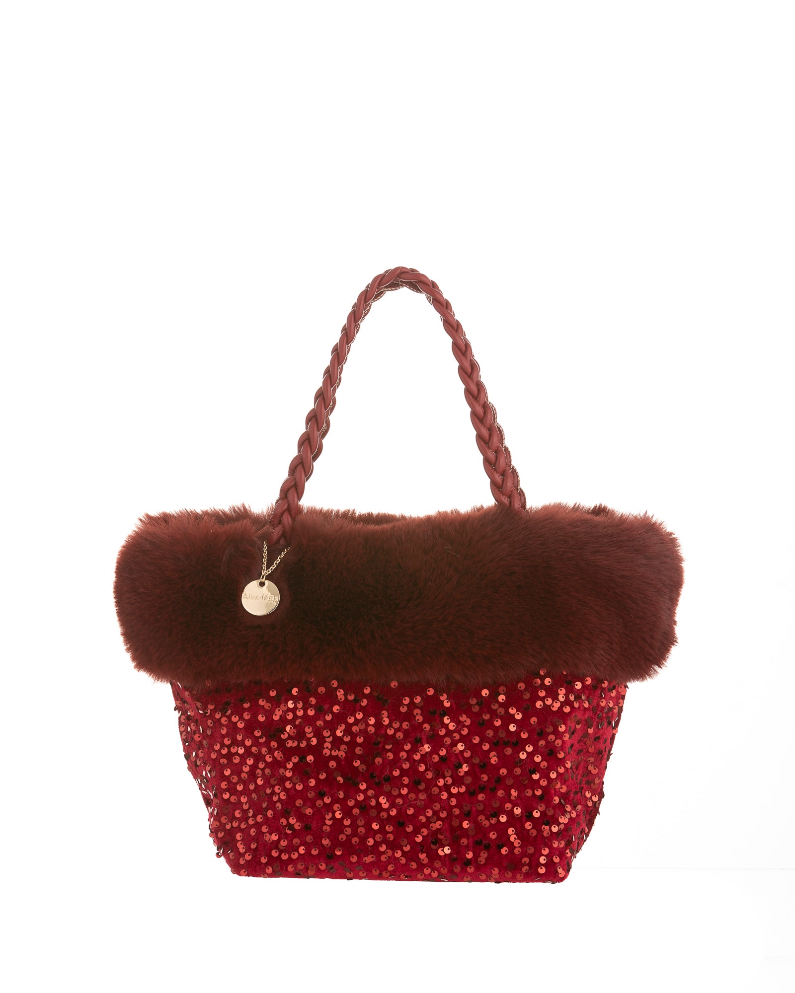 Sequin Purse with Faux Fur Trim in Burgundy