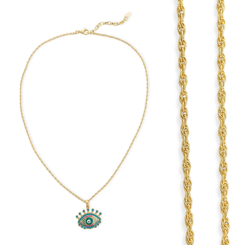 Enamel & CZ Eye Necklace in Gold