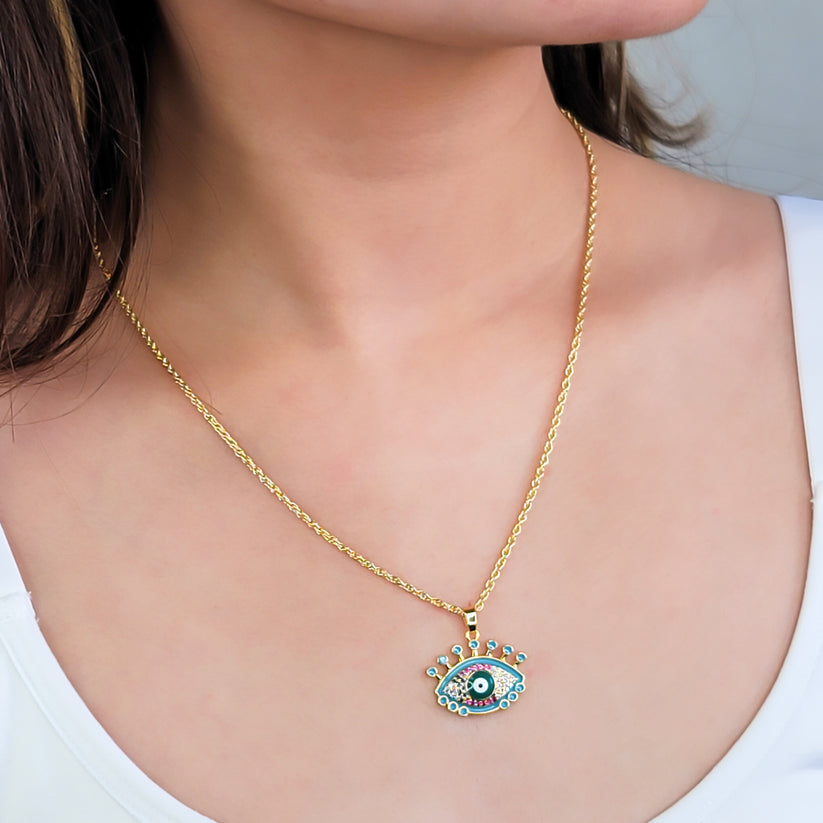 Enamel & CZ Eye Necklace in Gold