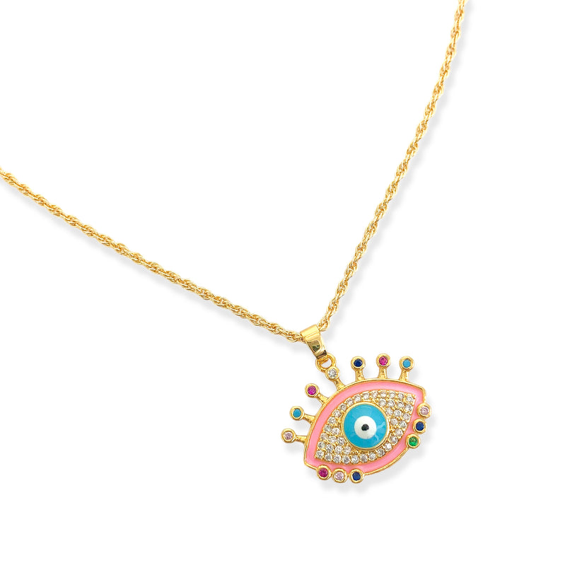 Enamel & CZ Eye Necklace in Gold/Pink