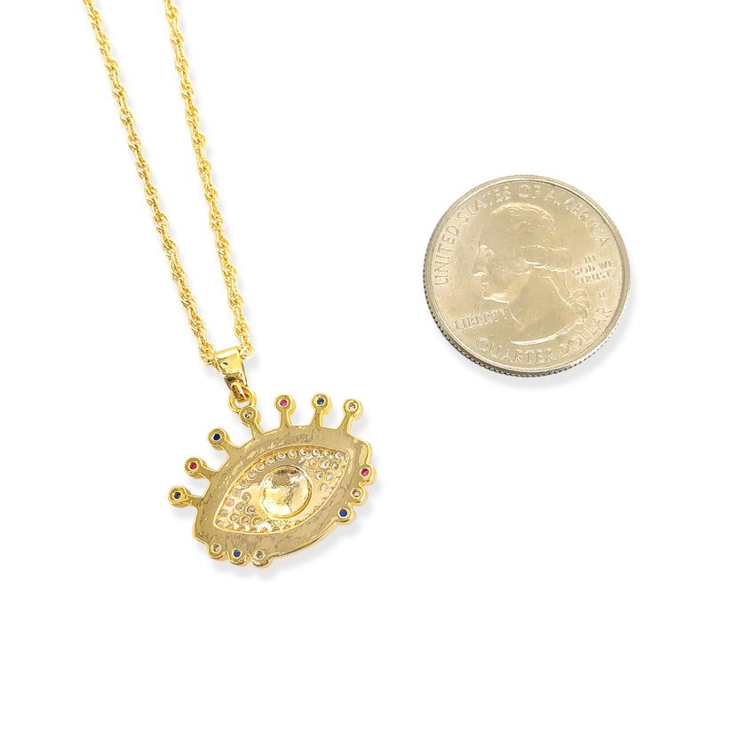 Enamel & CZ Eye Necklace in Gold/Pink