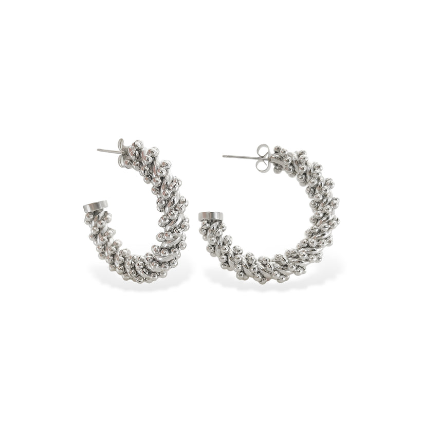 Beaded Hoops in Rhodium