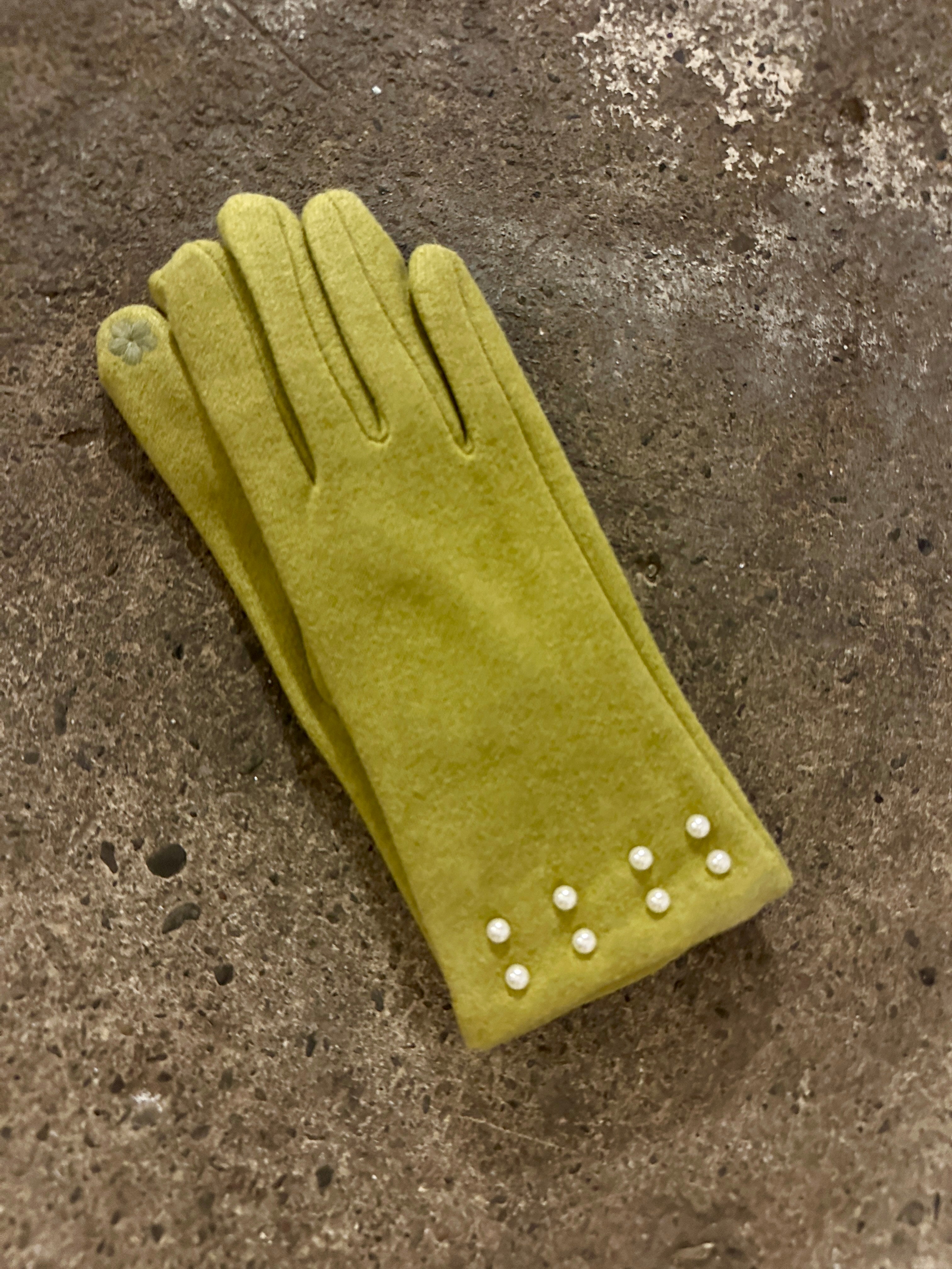 Pearl Embellished Gloves in Chartreuse