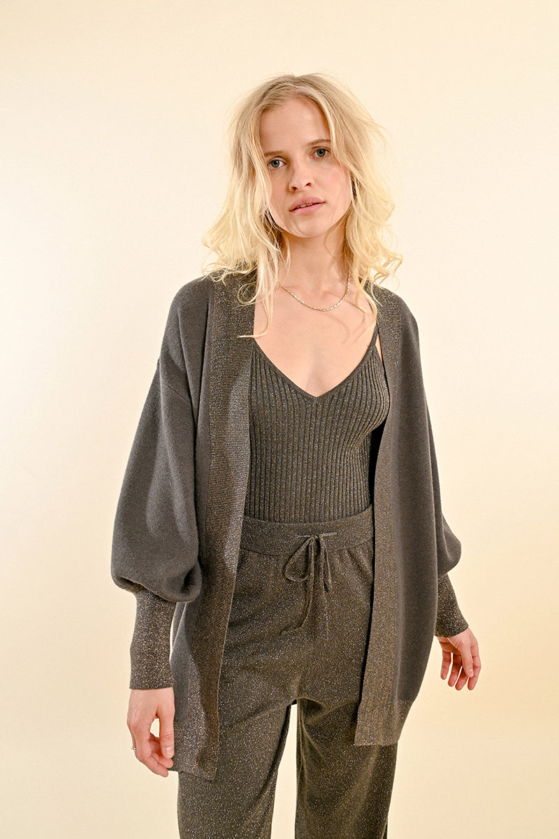 Sparkle Lapel Open Cardigan in Khaki