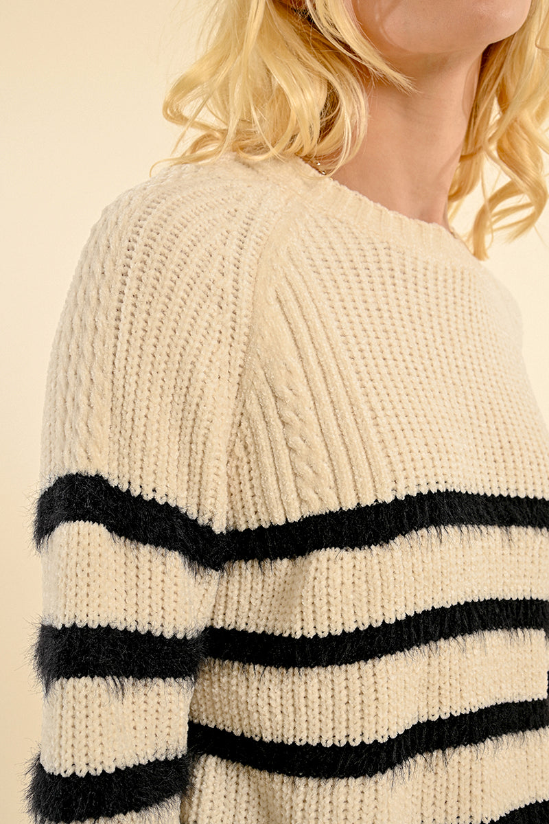 Fuzzy Striped Sweater in Off White/Black