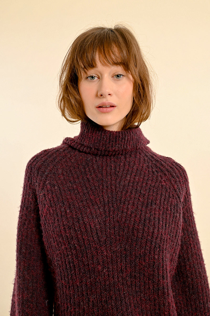 Chunky Turtleneck Tunic Sweater in Marled Dark Red