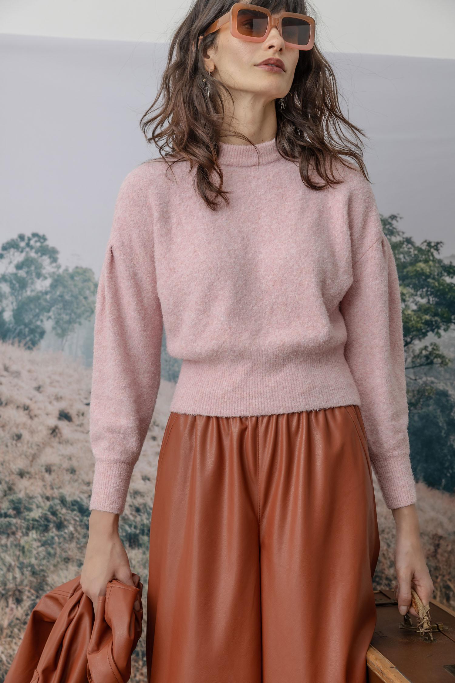 Pleated Sleeve Crewneck Sweater in Peony