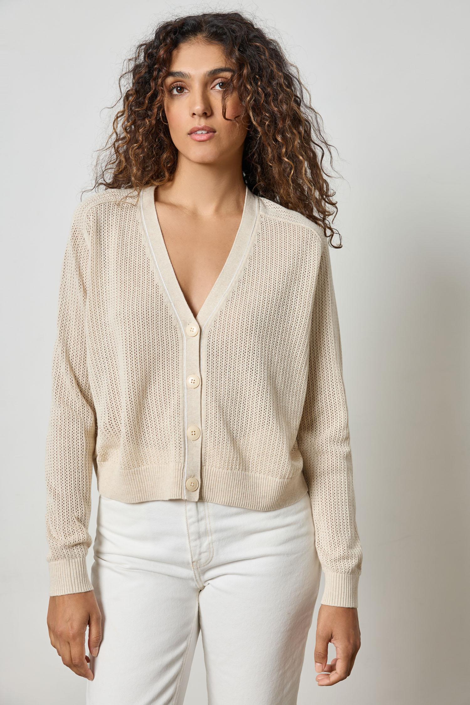 Saddle Sleeve V- Neck Cardigan in Husk