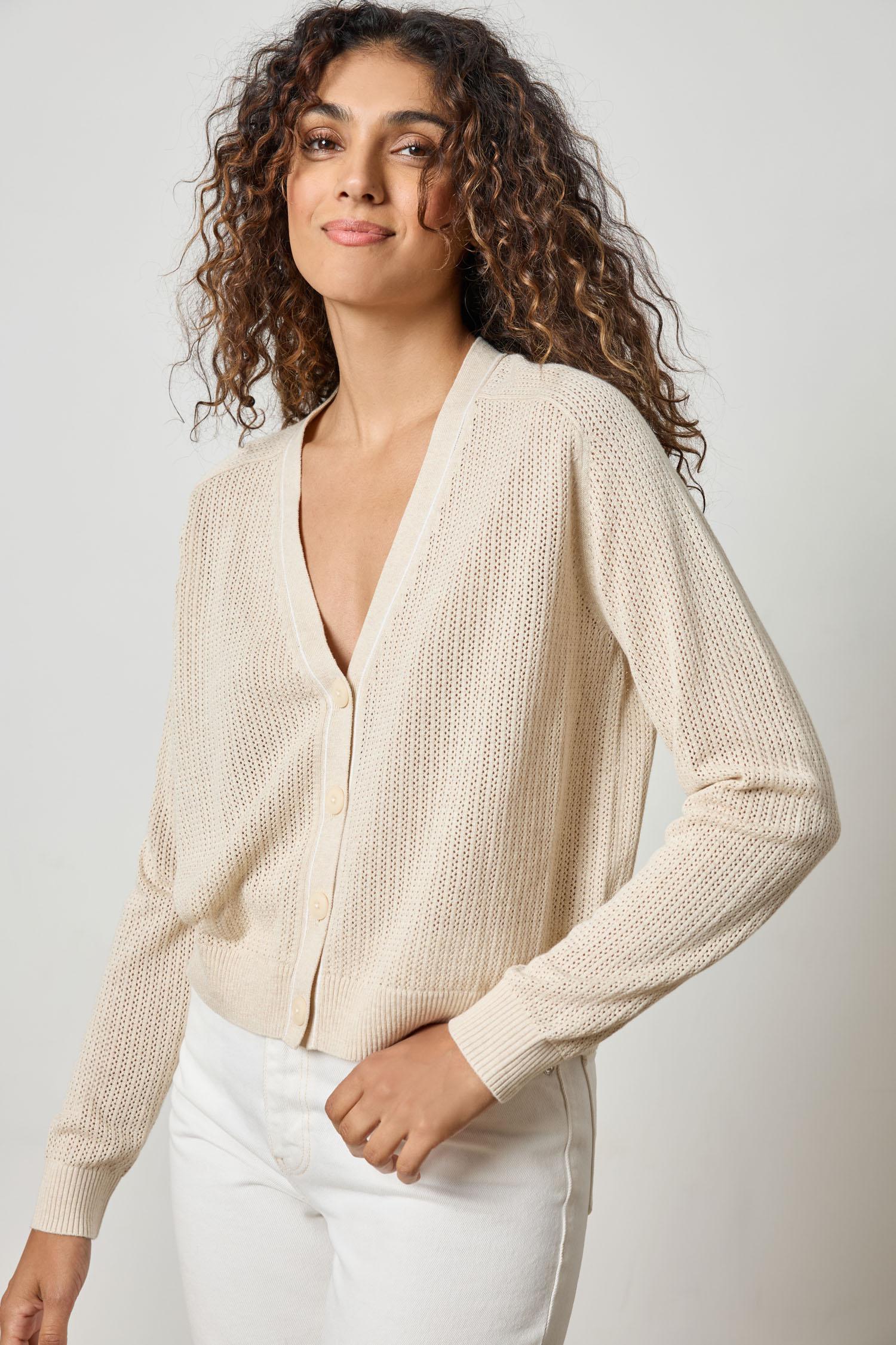 Saddle Sleeve V- Neck Cardigan in Husk