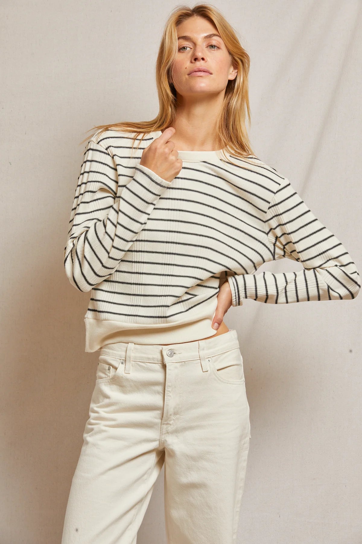 Stef Longsleeve Boxy Tee in Sugar/Black Stripe