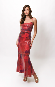 Tylia Ruched Maxi Dress in Grenadine Painters Canvas