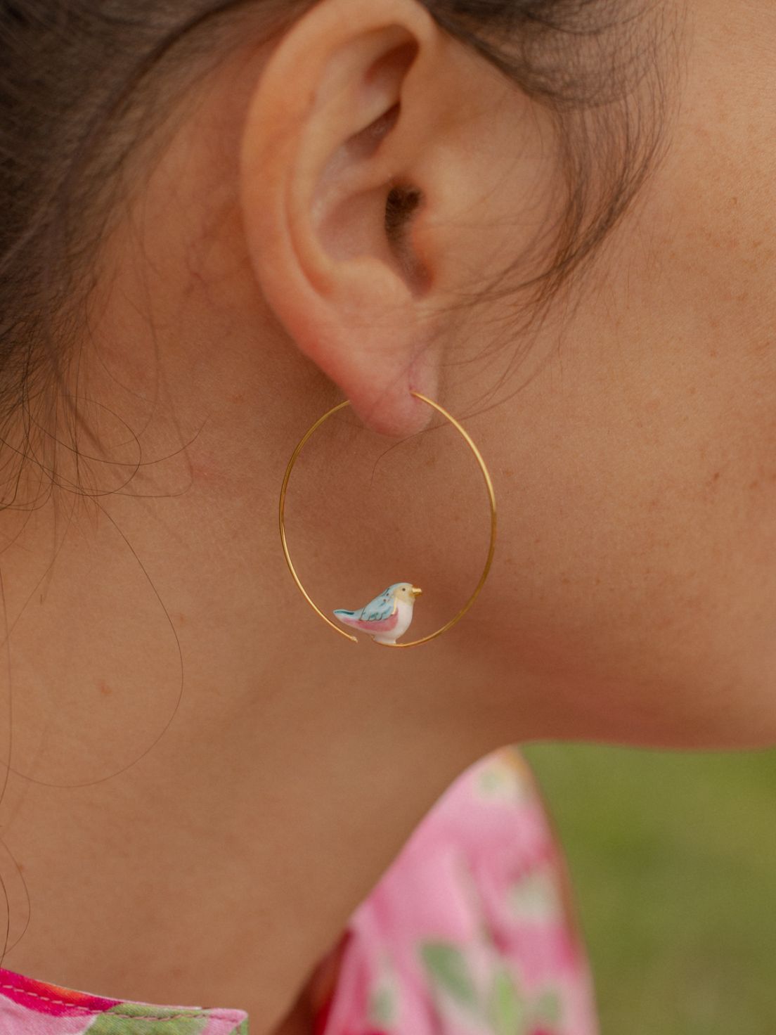 Pink & Blue Bird Small Hoop Earrings