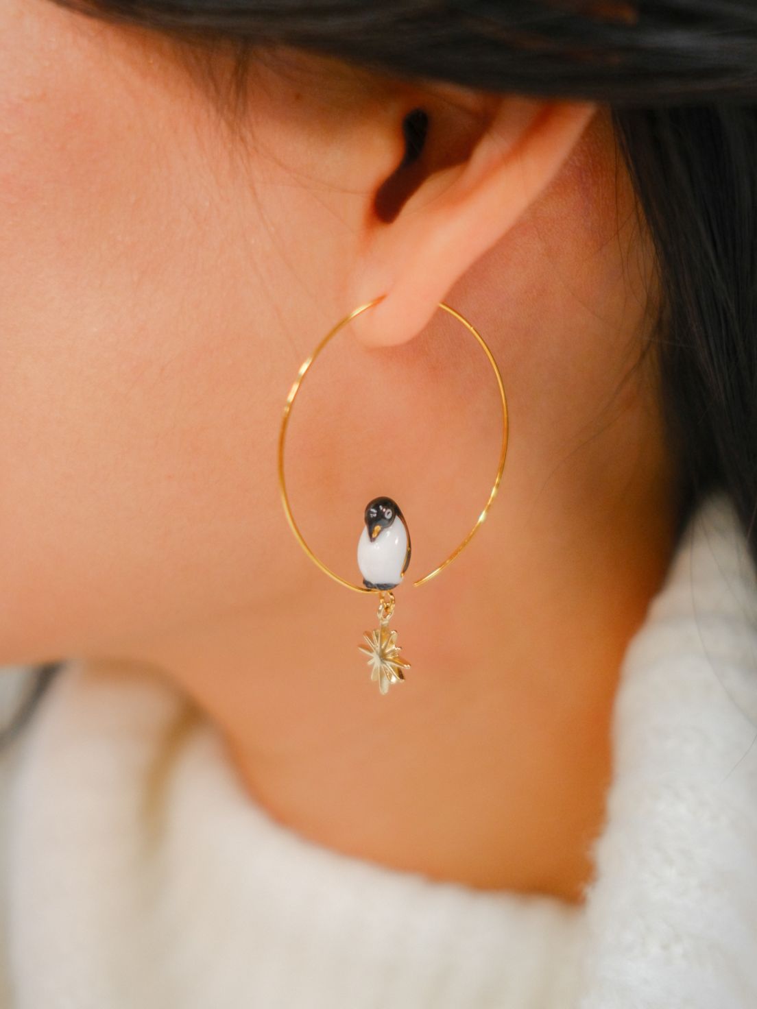 Emperor Penguin w/ Gold Star Small Hoop Earrings