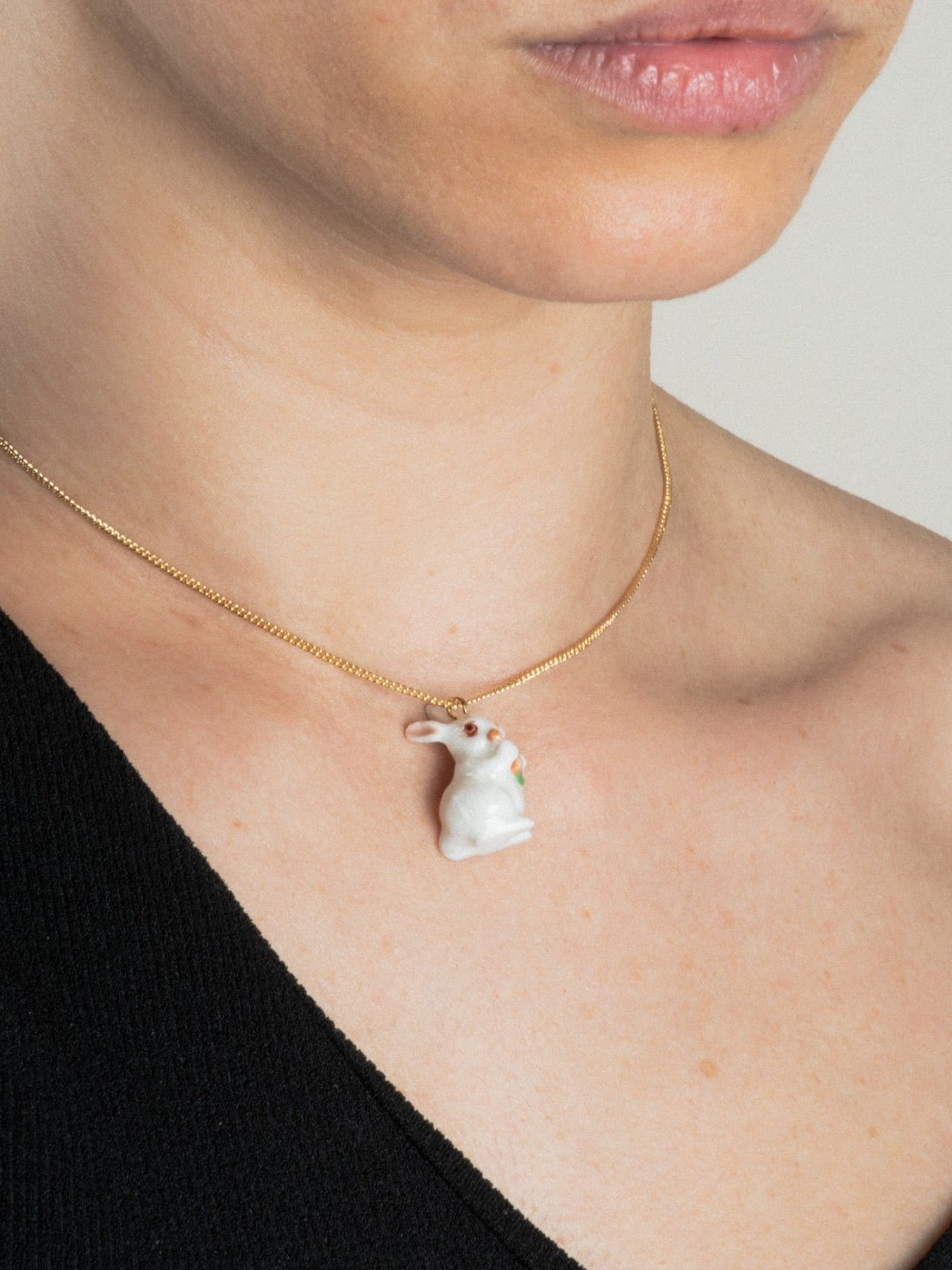 White Rabbit with Carrot Necklace in Gold