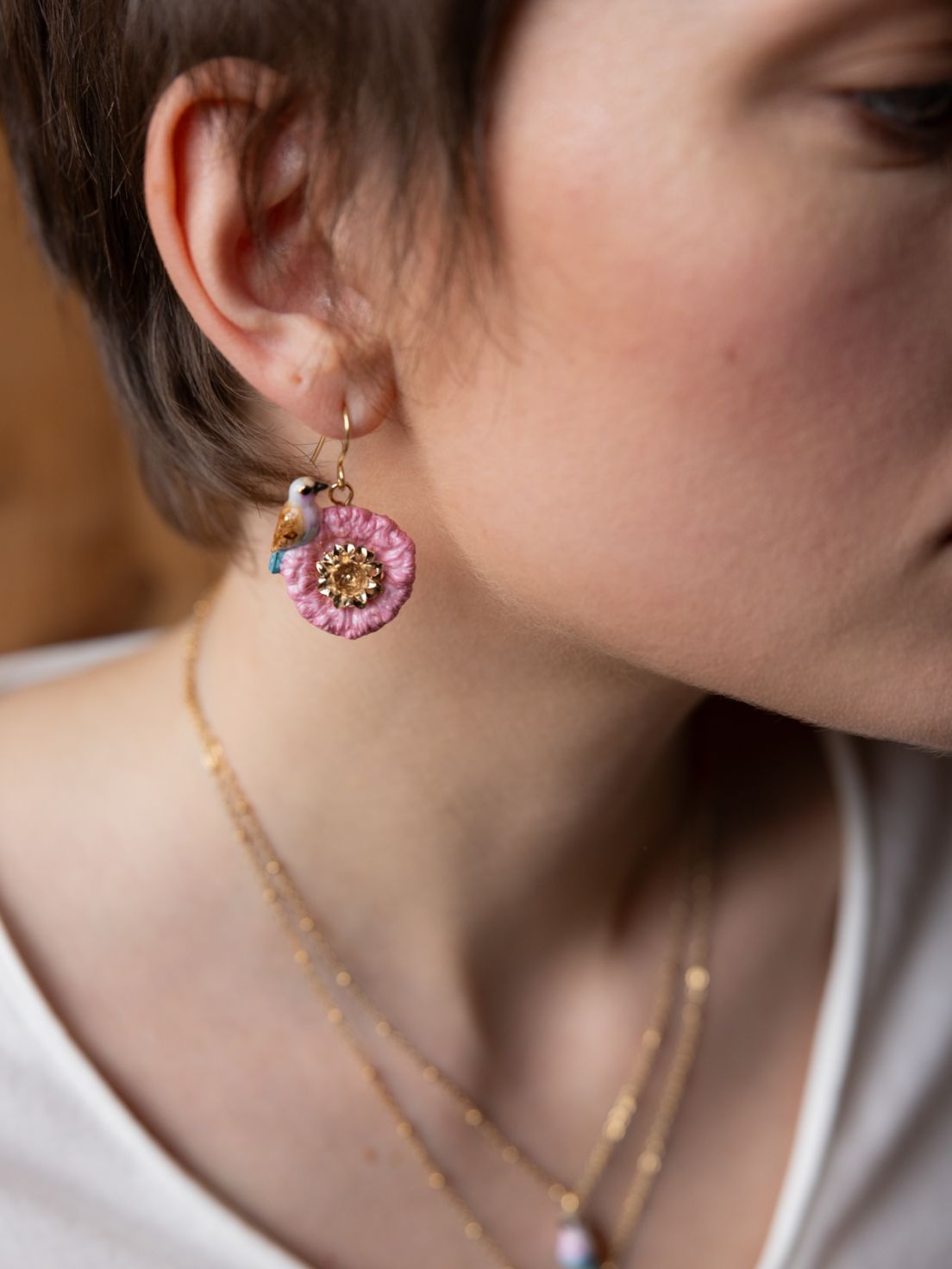 Pink & Blue Bird on Thistle Flower Pendant Earrings