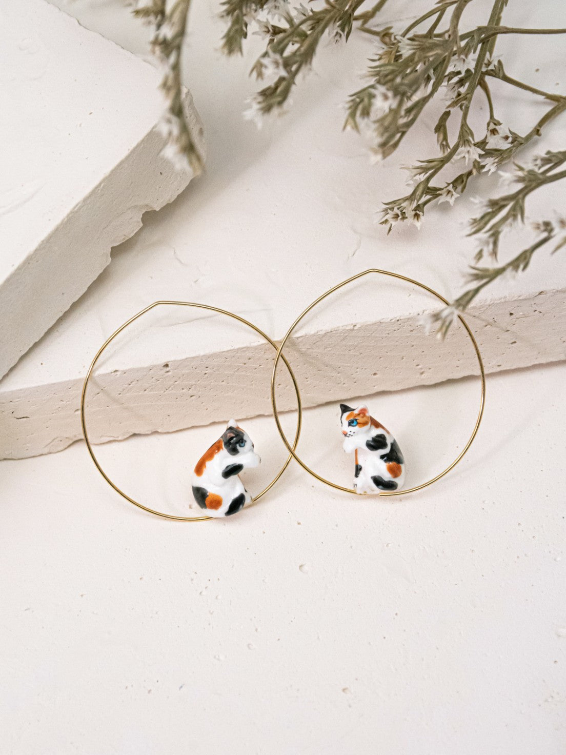 Black, White and Brown Sitting Cat Hoop Earrings