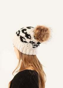 Mango Yarn Leopard Pom Pom Hat in Ivory